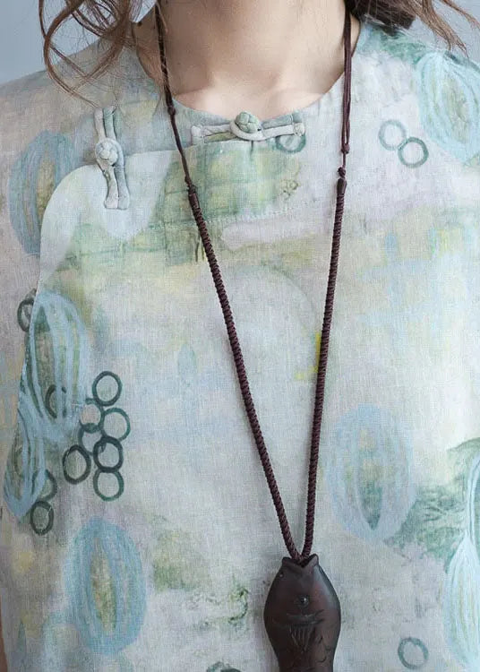Green Print Linen Blouse Tops Short Sleeve