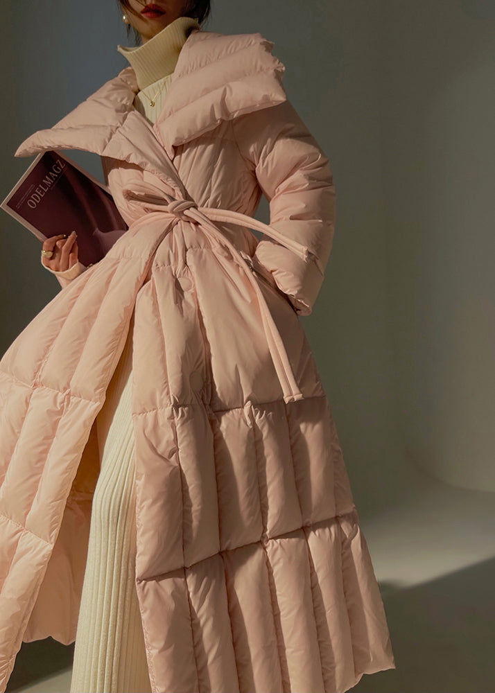 Pink Oversized Tie Waist Duck Down Down Coats Winter