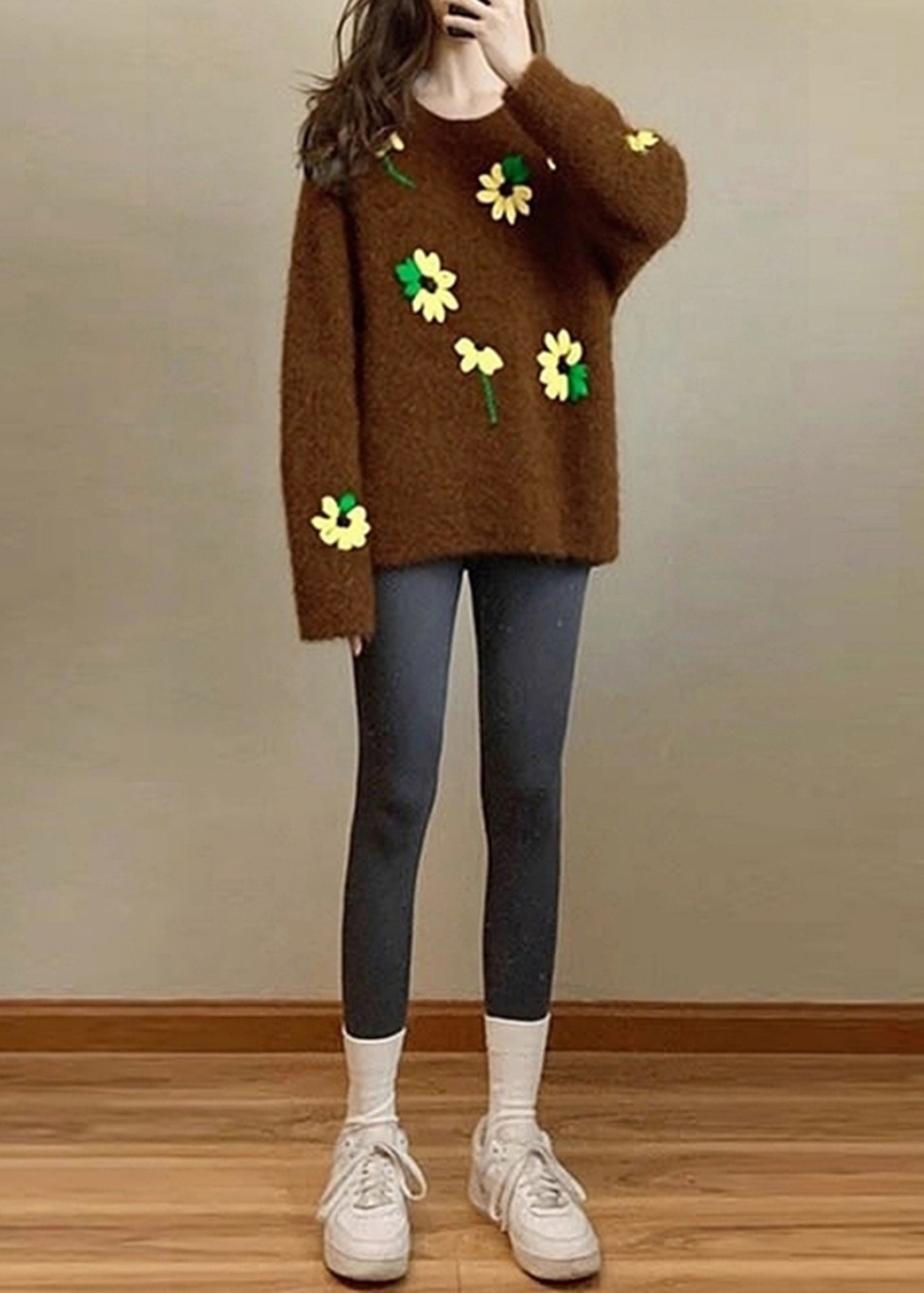 Unique Brown Oversized Lace Knit Sweater Tops Spring