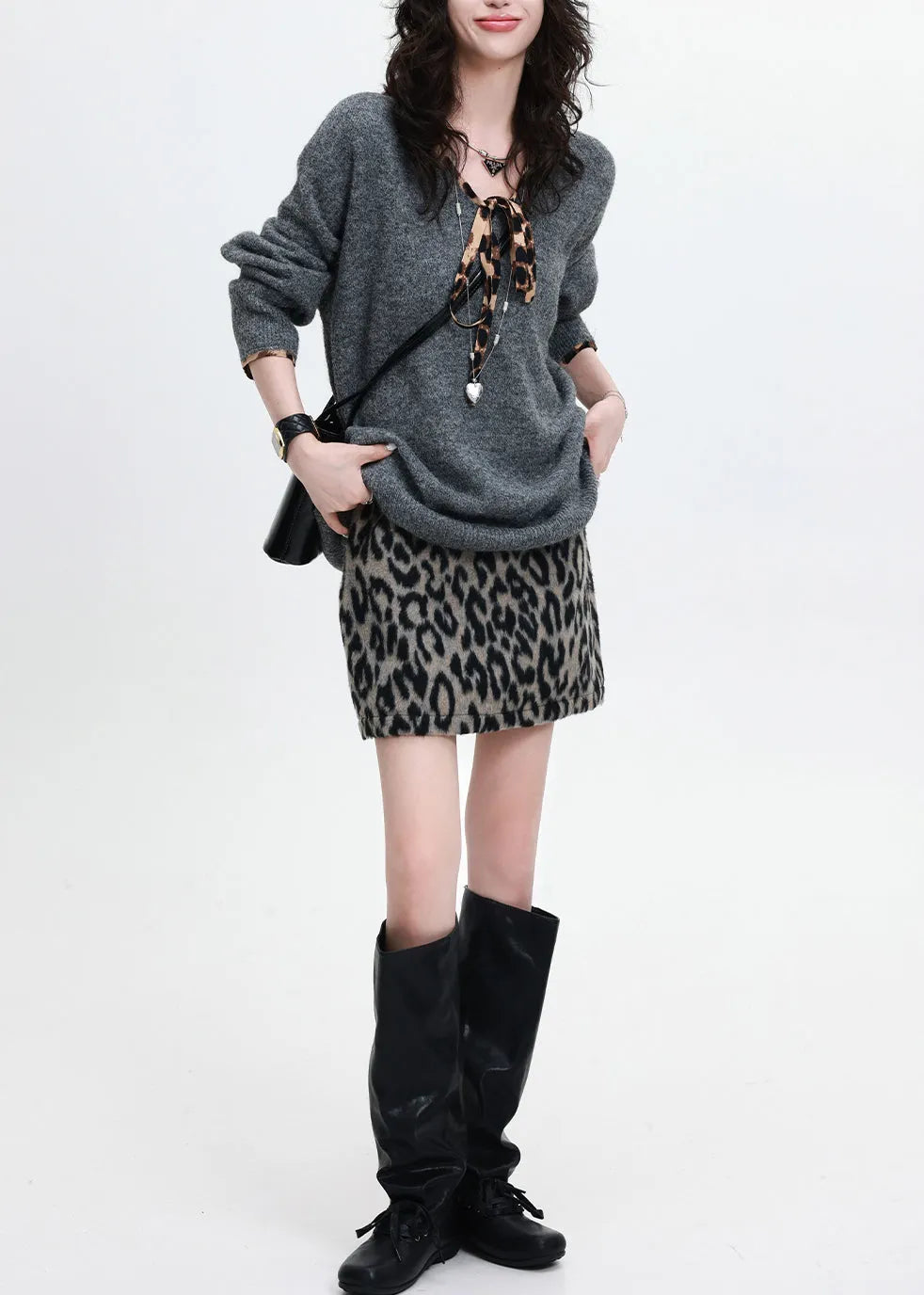 Natural Grey V Neck Oversized Knit Sweaters Winter