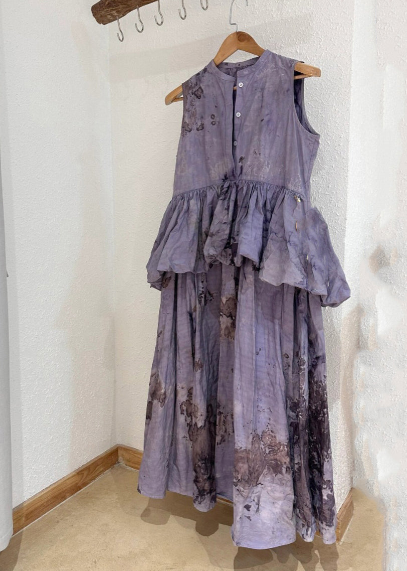 Purple O-neck Ruffled Patchwork Wrinkled Maxi Dresses Summer