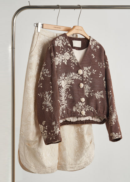 Brown Embroidered Decorated Cotton Jackets Fall