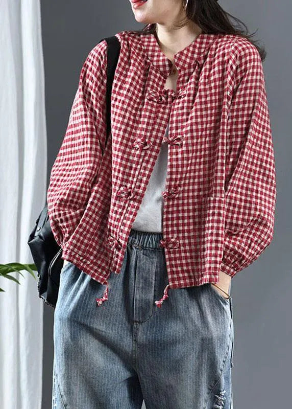Red Plaid Tie Waist Patchwork Fall Trench Long Sleeve