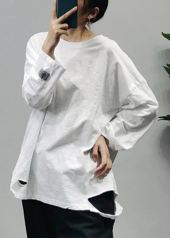 Modern White O-neck Hole Patchwork Cotton Top Long Sleeve