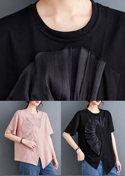 Pink O Neck Wrinkled Patchwork Cotton T Shirt Top Summer