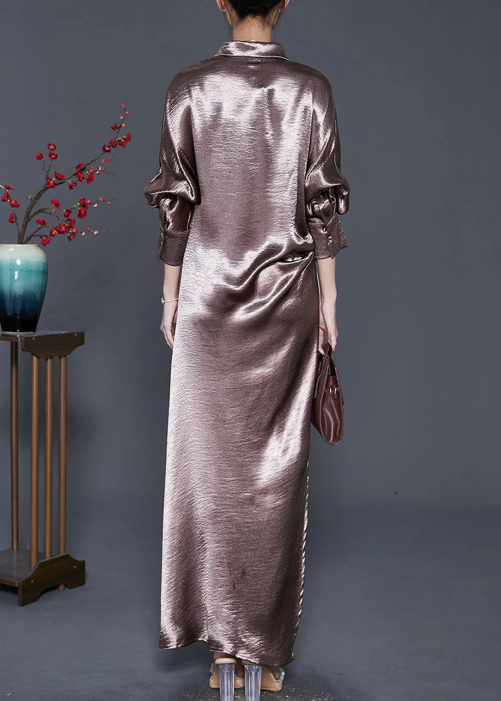 Peter Pan Collar Side Open Silk Long Dress Fall