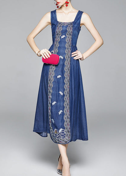 Organic Blue Cinched Embroideried Zippered Spaghetti Strap Cotton Denim Dress Spring