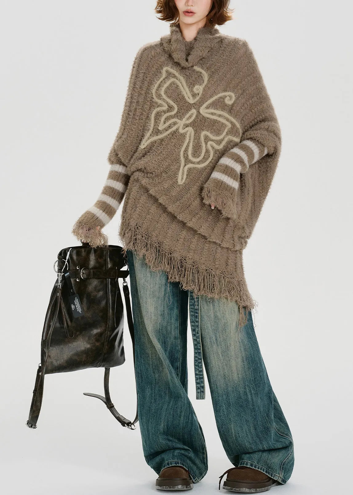 Unique Khaki Turtle Neck Tasseled Knitted Tops Batwing Sleeve Winter