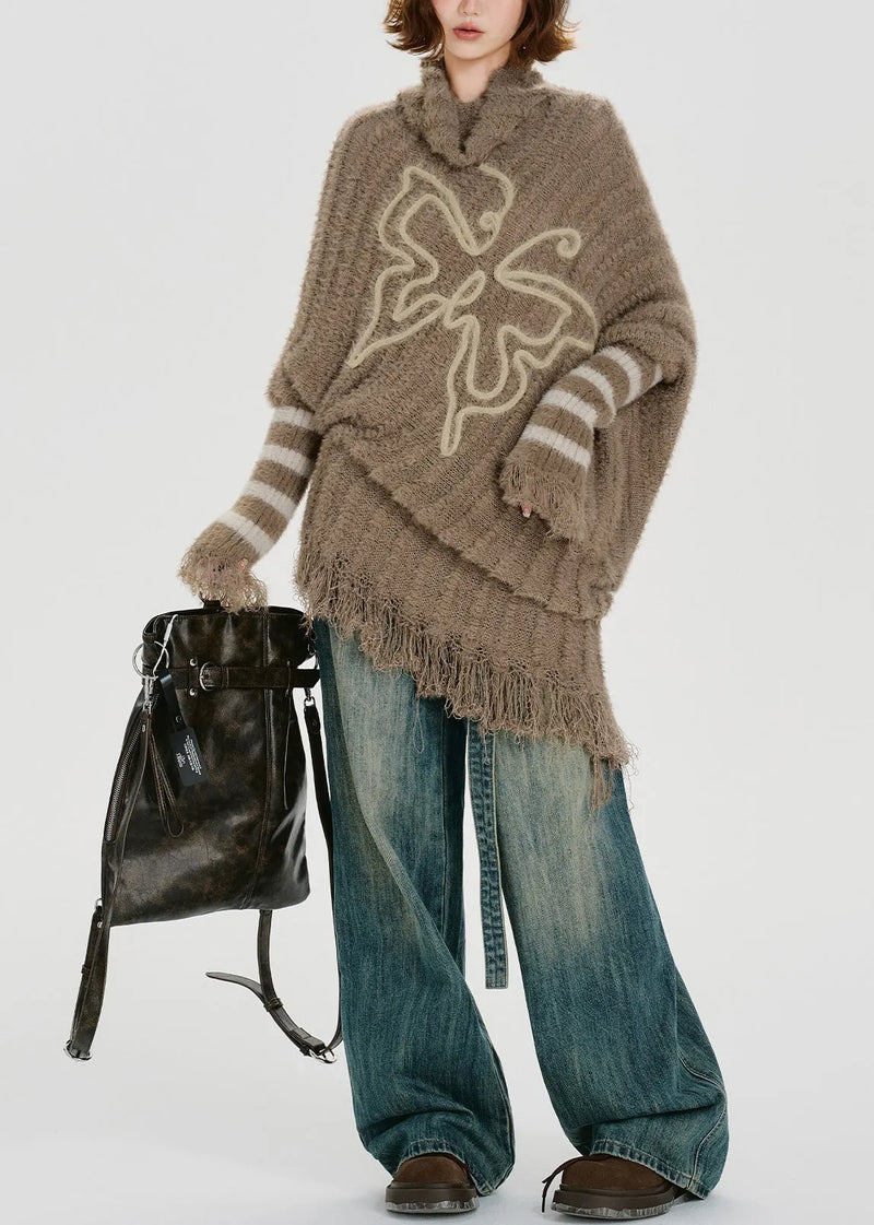 Unique Khaki Turtle Neck Tasseled Knitted Tops Batwing Sleeve Winter