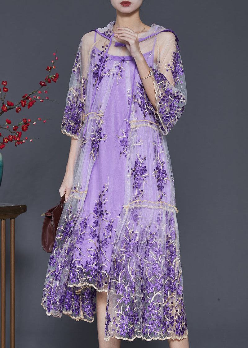 Purple Embroidered Tulle Dress Two Pieces Set Summer