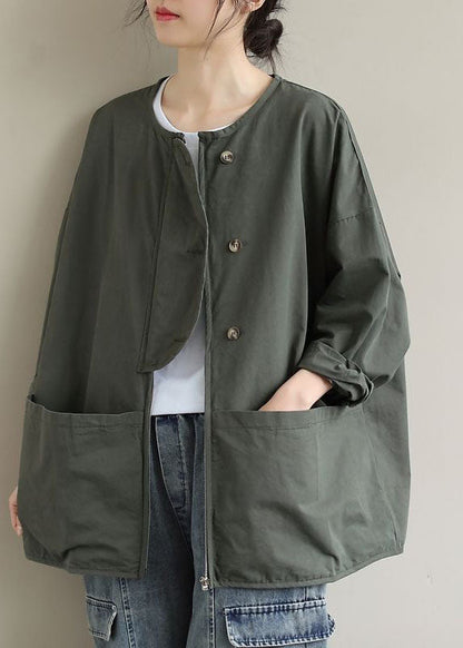 Army Green Zip Up Pockets Cotton Coat Spring
