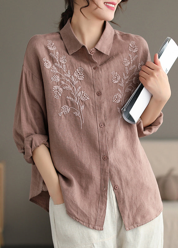 Yellow Peter Pan Collar Embroidered Button Cotton Blouse Spring