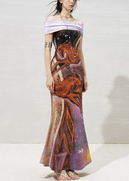 Slim Fit Purple Slash Neck Knit Patchwork Maxi Dresses Summer