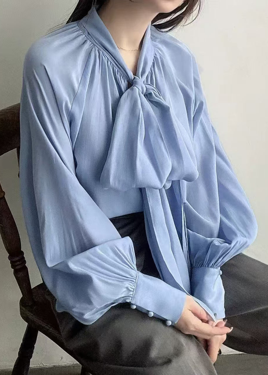 Blue Bow Oversized Silk Tops Lantern Sleeve Fall