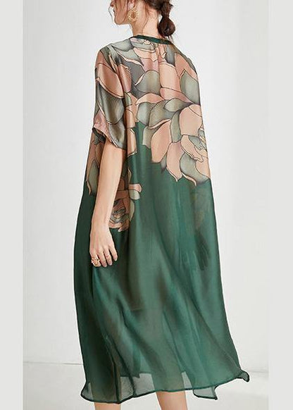 Green Print O-neck Holiday Summer Chiffon Dress