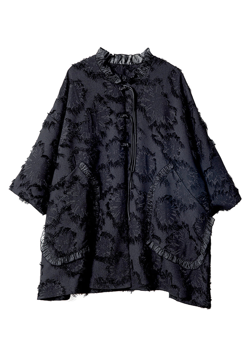 Fine Black Ruffled Patchwork Button Coat Spring