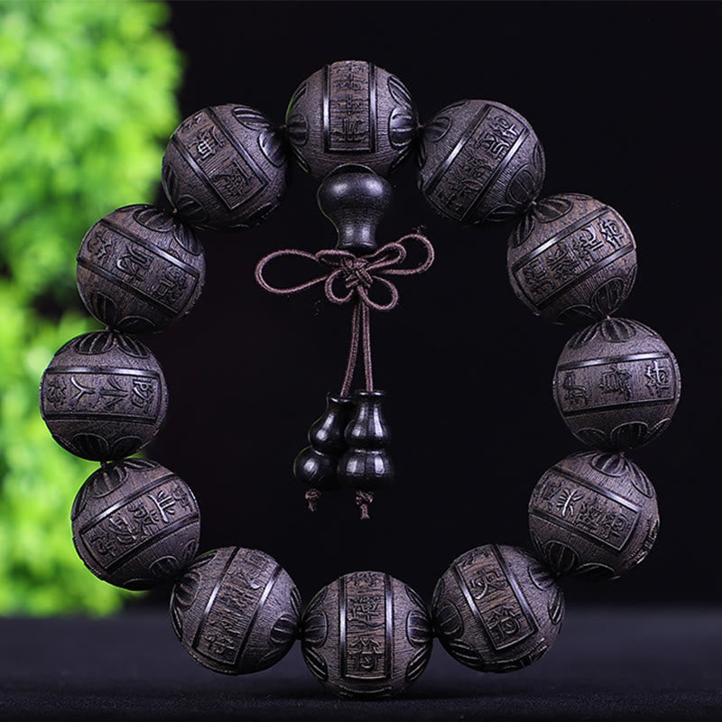 Buddha Stones Chinese Zodiac Rosewood Ebony Copper Coin Pixiu Carved Warmth Bracelet