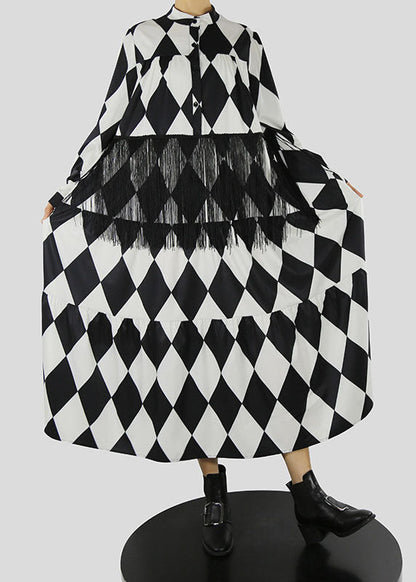 Loose Black Stand Collar Tassel Print Shirt Dress Spring