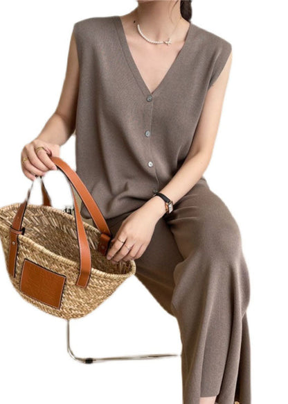 Stylish Coffee V Neck Tops and Pants Knit Two Piece Set Summer