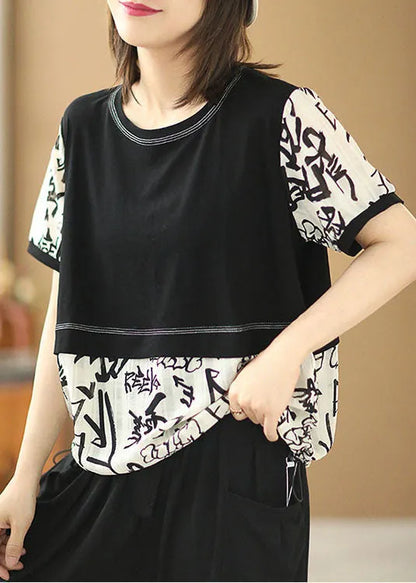 Classy Black White Patchwork O-neck Letter Print Fake Two Piece Top Summer