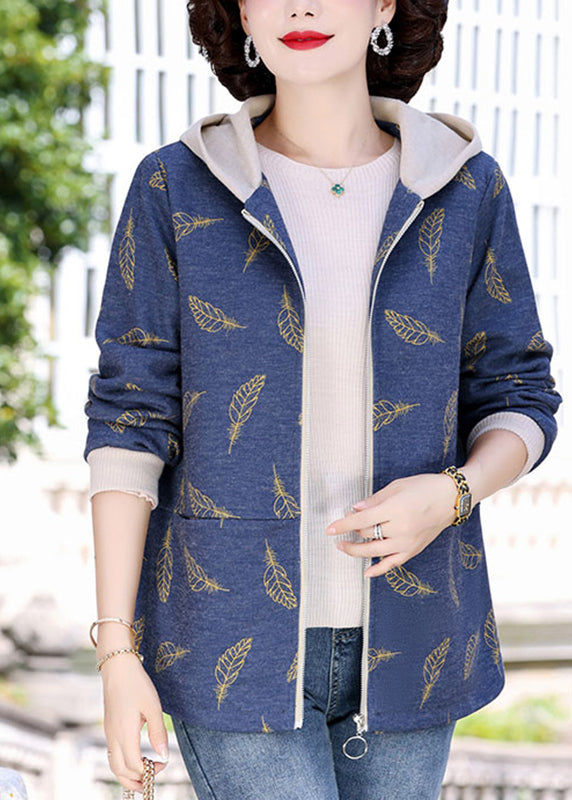 Navy Blue Zippered Patchwork Hoodies Coats Fall
