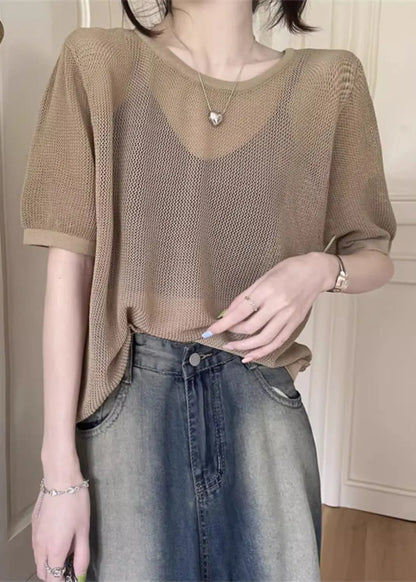 Khaki O Neck Hollow Out Knit T Shirt Summer