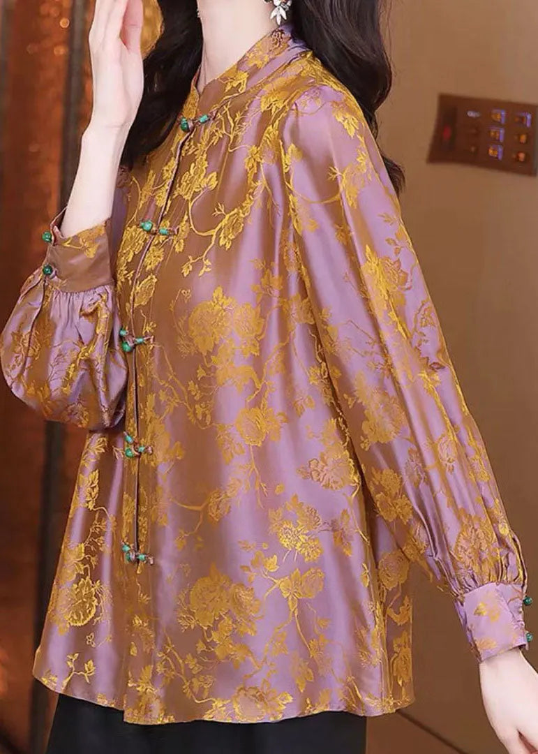 Diy Orange Stand Collar Jacquard Oriental Button Silk Shirt Tops Long Sleeve