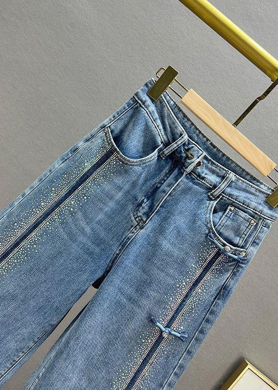 Blue Patchwork Zircon High Waist Wide Leg Jeans Fall