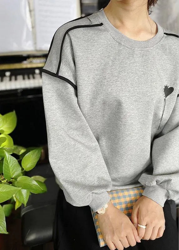 Grey Loose Embroideried Patchwork Fall Sweatshirt Street Wear
