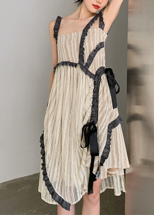 Apricot Slash Neck Patchwork Wrinkled Silk Slip Dresses Summer