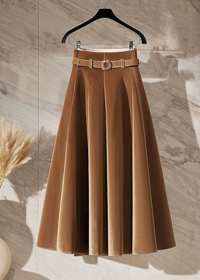 Coffee High Waist Sashes Silk Velvet Maxi Skirt Spring