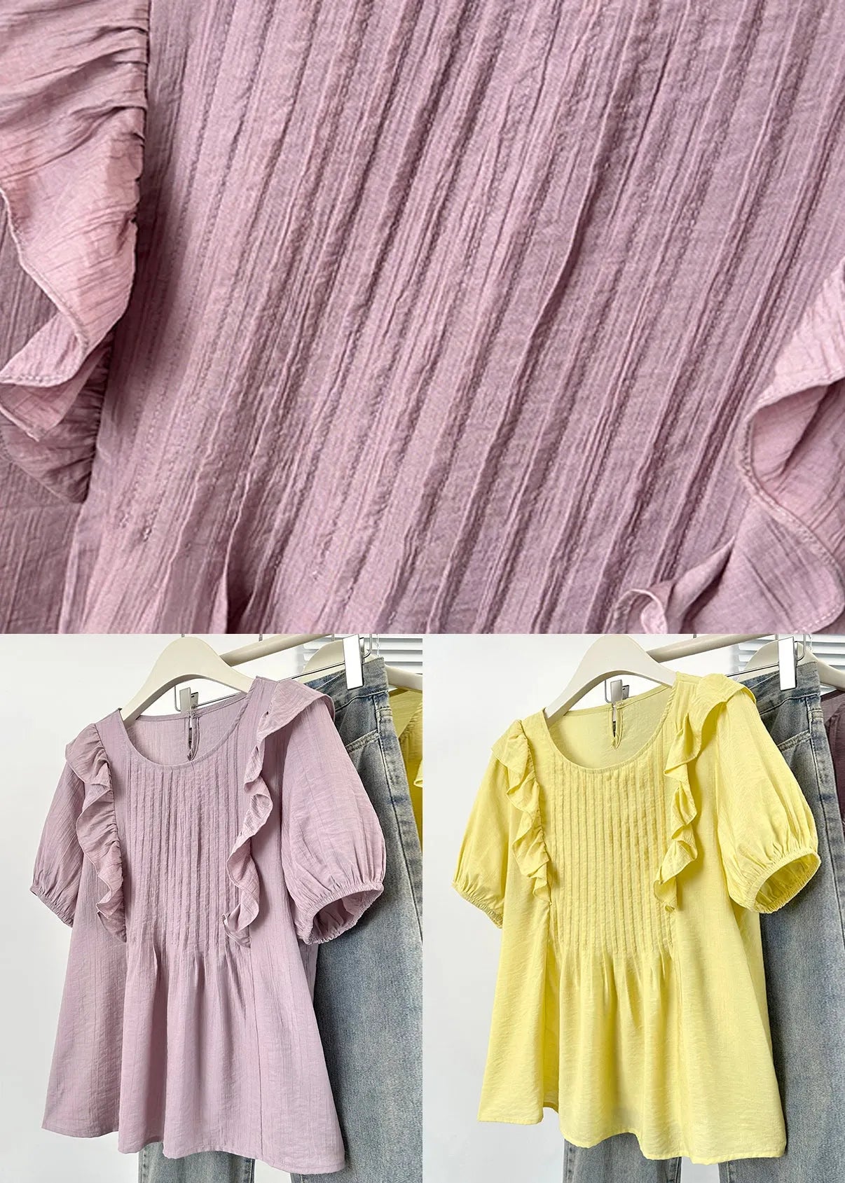 Yellow Ruffled Button Cotton Shirts O Neck
