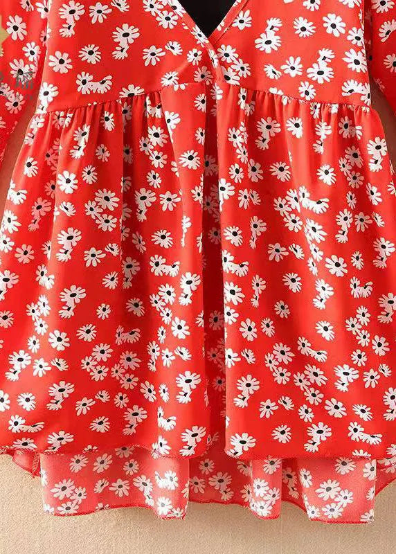 Unique Red V Neck Chiffon Shirt Tops Flare Sleeve