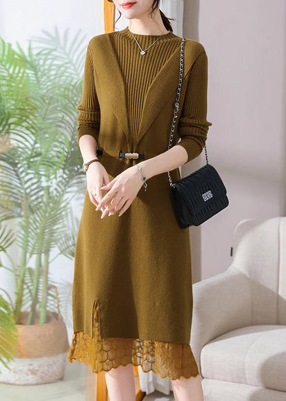 Slim Fit Black Stand Collar Lack Patchwork Llong Cotton Knit Sweater Dress Fall