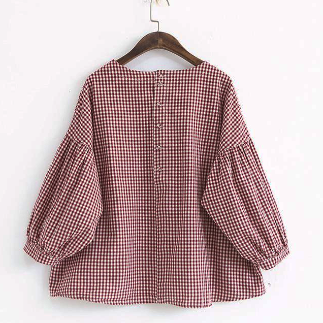 French Plaid Cotton Fine Sewing Asymmetric Clothing Blouse