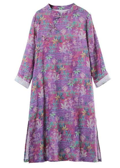 Stand Collar Chinese Button Spring Outfit Catwalk Purple Print Maxi Dresses