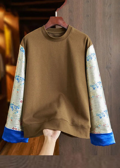 Loose Black O-neck Embroideried Patchwork Cotton Sweatshirt Long Sleeve
