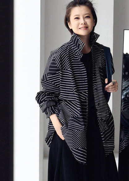 Black Peter Pan Collar Asymmetrical Striped Button Low High Design Cotton Shirt Long Sleeve