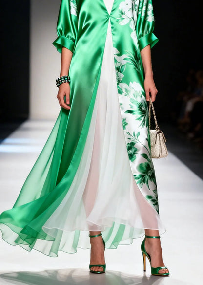Green V Neck Print Patchwork Chiffon Dress Summer