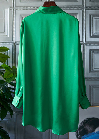 Green Peter Pan Collar Pockets Button Silk Shirt Long Sleeve