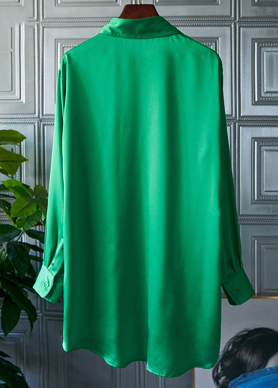 Green Peter Pan Collar Pockets Button Silk Shirt Long Sleeve