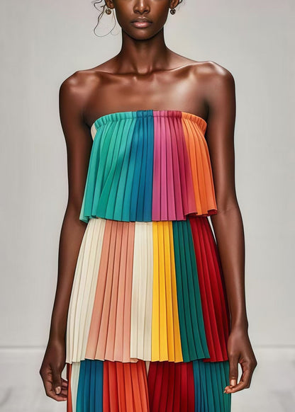 Multicolor Layered Wrinkled Chiffon Strapless Dress Summer