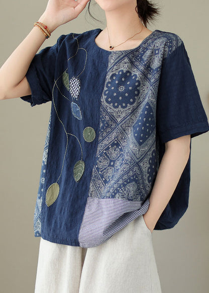 Navy Embroideried Print Patchwork Cotton T Shirt Tops Summer