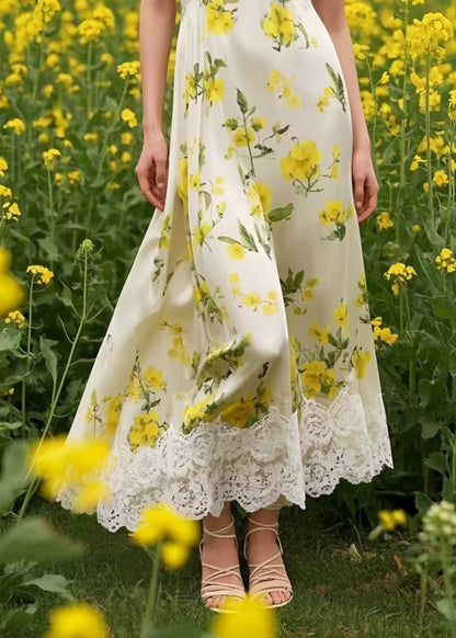 Stylish Yellow Patchwork Lace Chiffon Cami Dress Summer