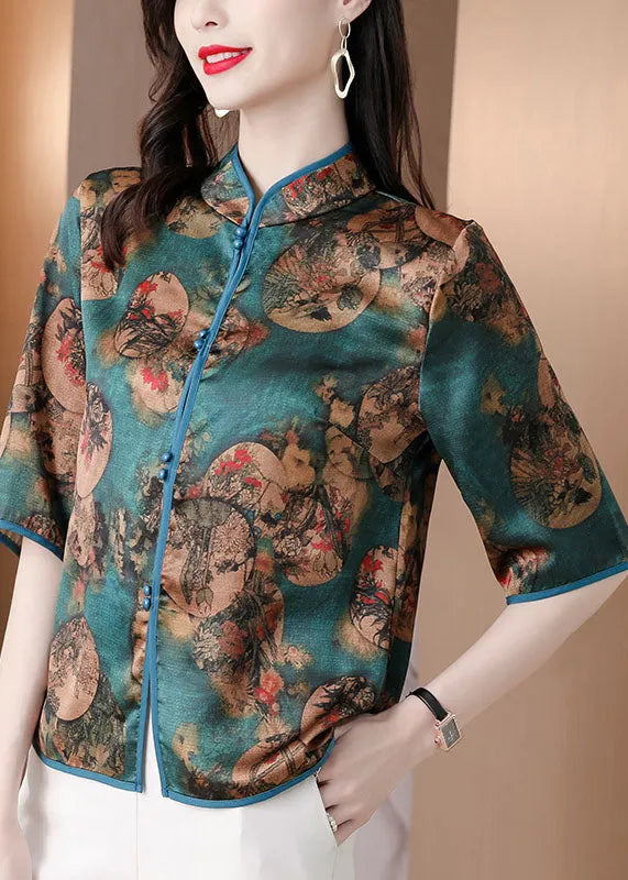 Slim Fit Red Stand Collar Button Print Silk Shirts Half Sleeve