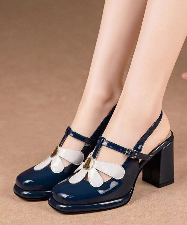 Black Sandals Chunky Cowhide Leather Hollow Out