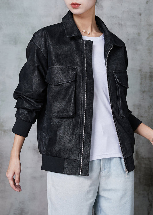 Black Oversized Pockets Faux Leather Jacket Spring