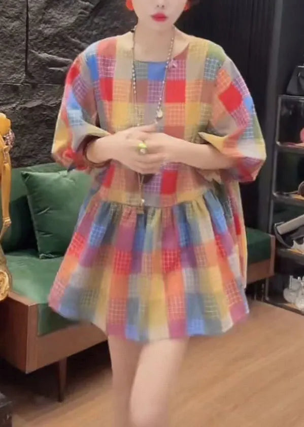 French O Neck Plaid Button Cotton Blouse Fall