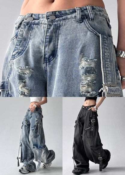 Black Original Design Pockets Denim Pants High Waist