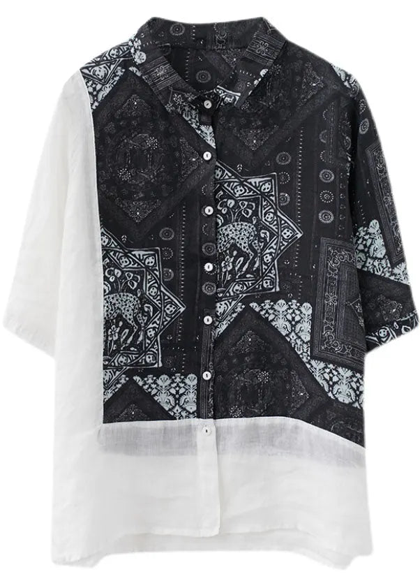 Black Peter Pan Collar Button Patchwork Print Fall Shirt Half Sleeve